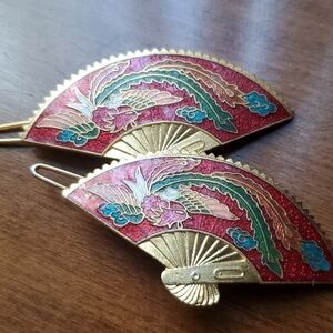 Cloisonne Gold and Red Fan Vintage Hair Barrette Clips (Pair)